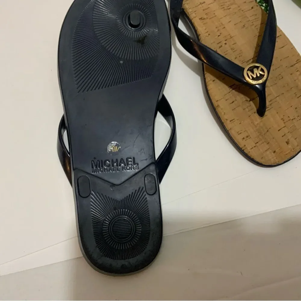 Michael Kors Cork Sandals MK Logo Navy PVC Thong Jet Set Flip Flops Sz. 10